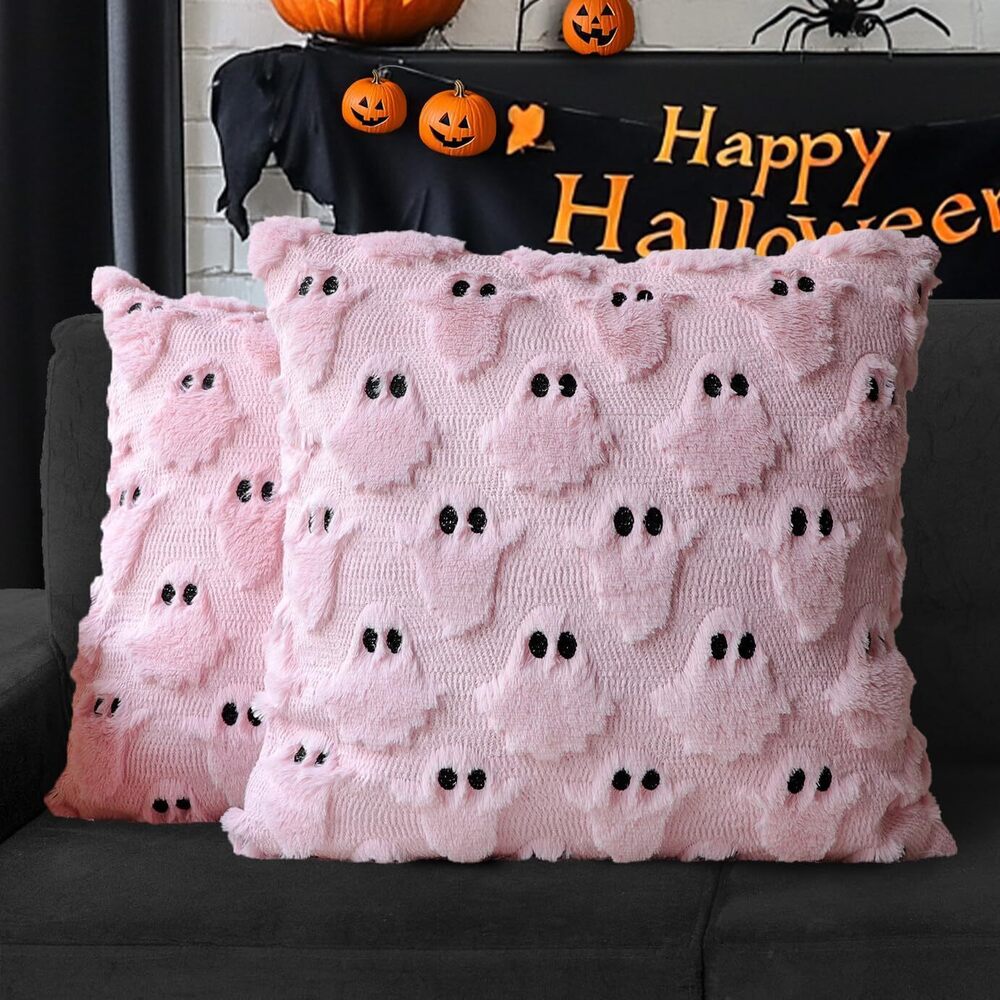 6609 Halloween Ghost Decorative Pillow Covers 18x18 Set of 2, Pink Soft
